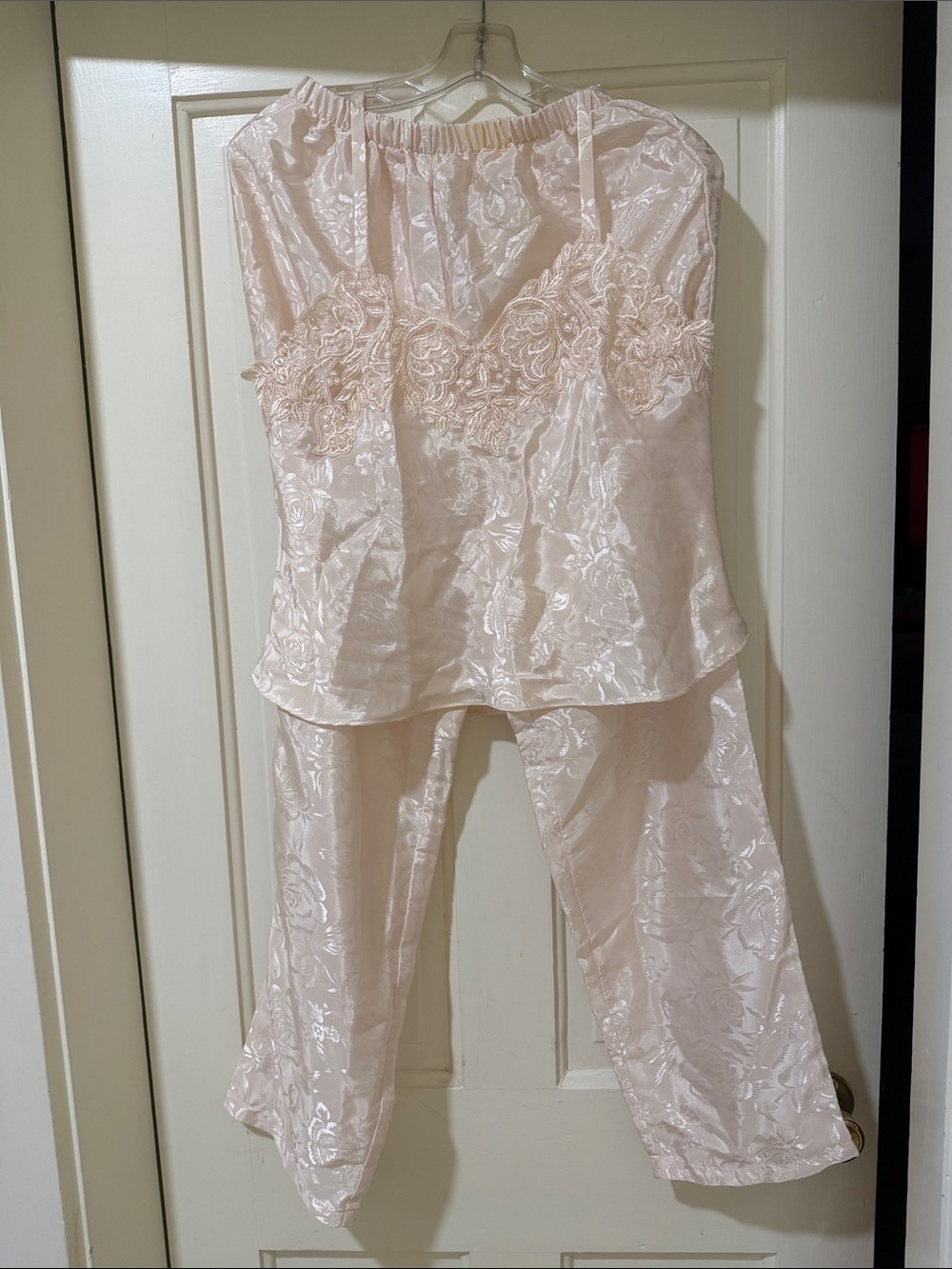 Lace-Trim Satin Pajama Set in Pale Blush